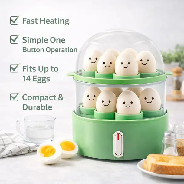 Onshoppy One Button Operation | Electric 2 Layer Egg Boiler & Food Steamer | Fast Heating | Easy Operation Egg Cooker (Green, 14 Eggs)